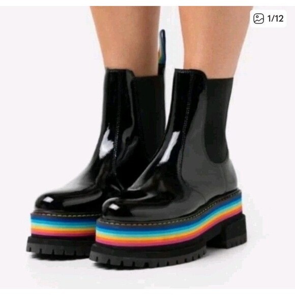 Kurt Geiger London Sz 37 Rainbow Birdie Platform Chelsea Boots Black Patent - Picture 1 of 10
